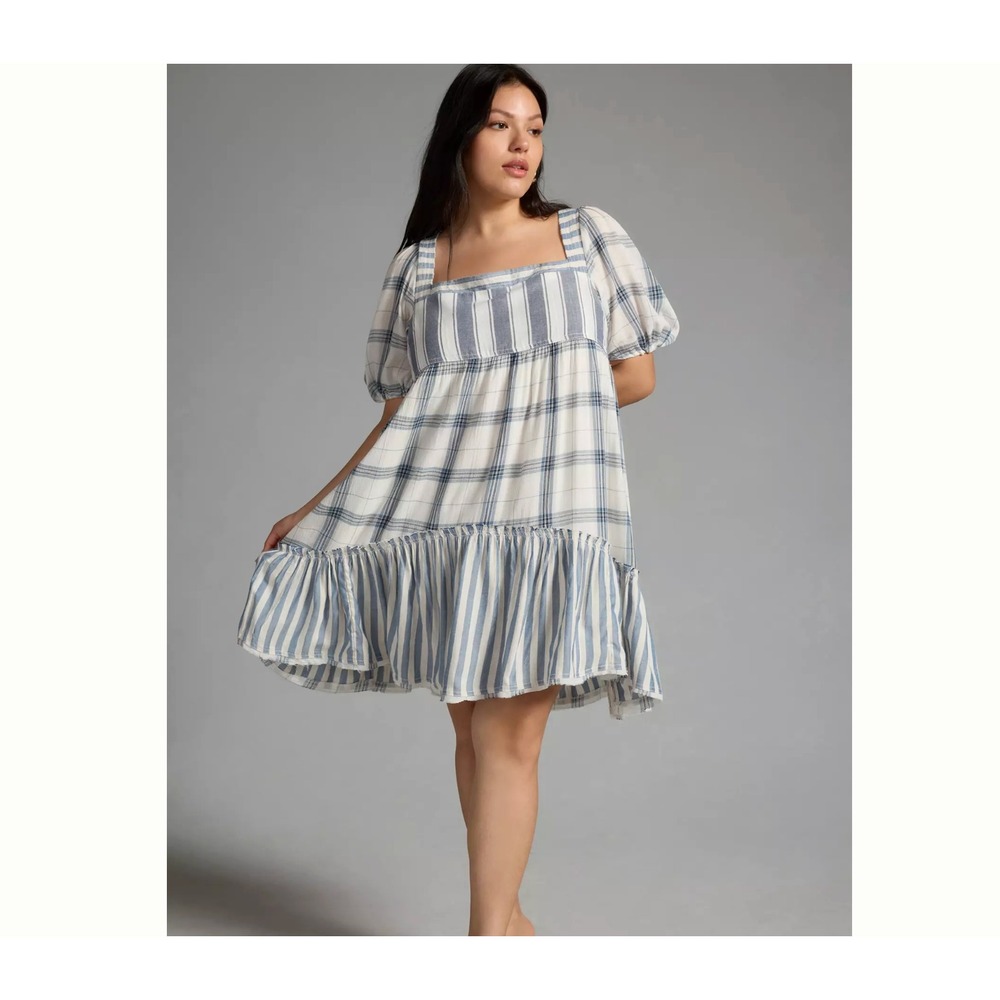 Pilcro Anthropologie Blue White Plaid Stripe Tiered Babydoll Swing Dress Mini 2X